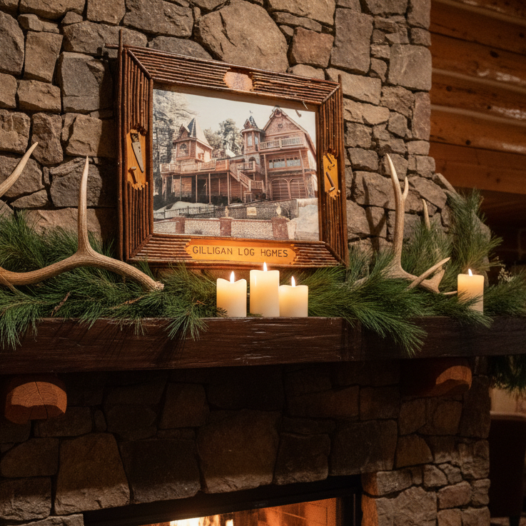 Framed Photo of Gilligan Log Home with Custom Tool Detailed Frame