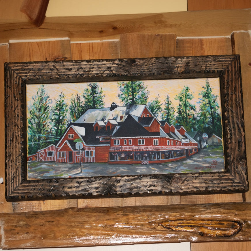 Custom Solid Wood Framed Original Piece Hand Painted Depiction of Fawn Lodge by Diane Stegman