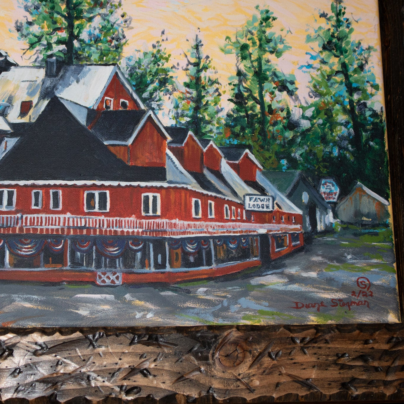 Original Diane Stegman Painting of Fawn Lodge – Custom Solid Wood Framed Big Bear Historical Artwork