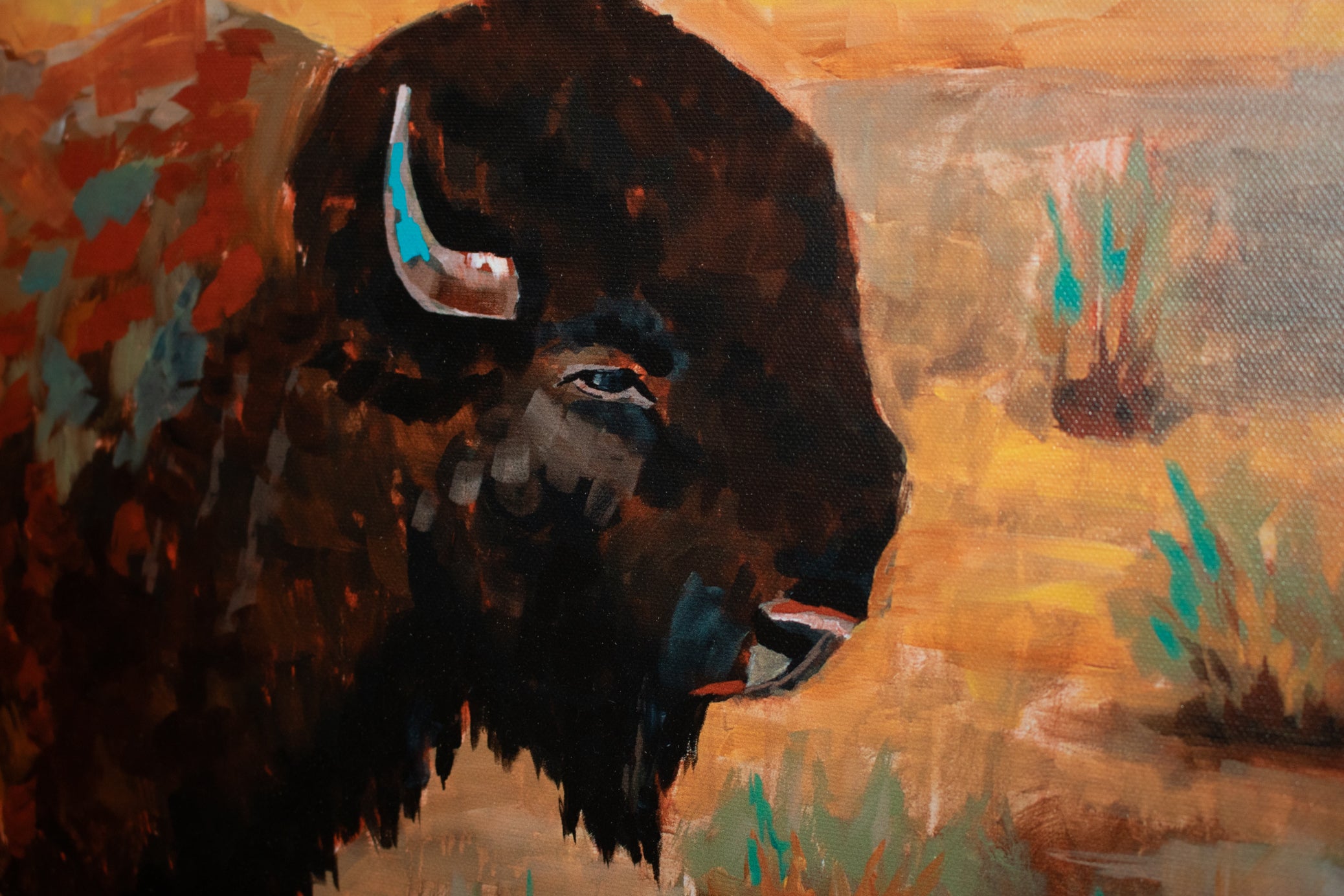 Buffalo at the Ridge Canvas Transfer Print – Framed Western Bison Wall Art Rustic Decor 23x19