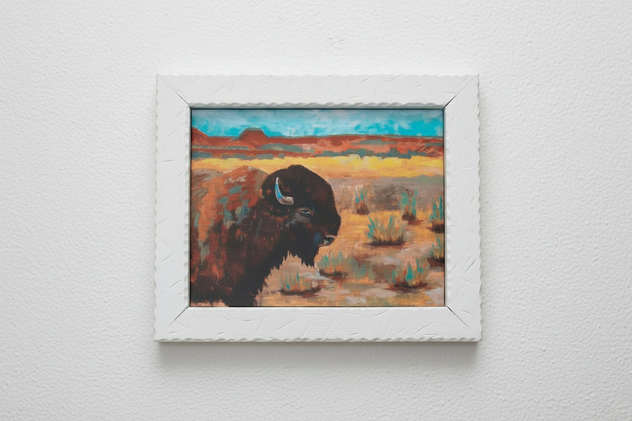Buffalo at the Ridge Canvas Transfer Print – Framed Western Bison Wall Art Rustic Decor 23x19