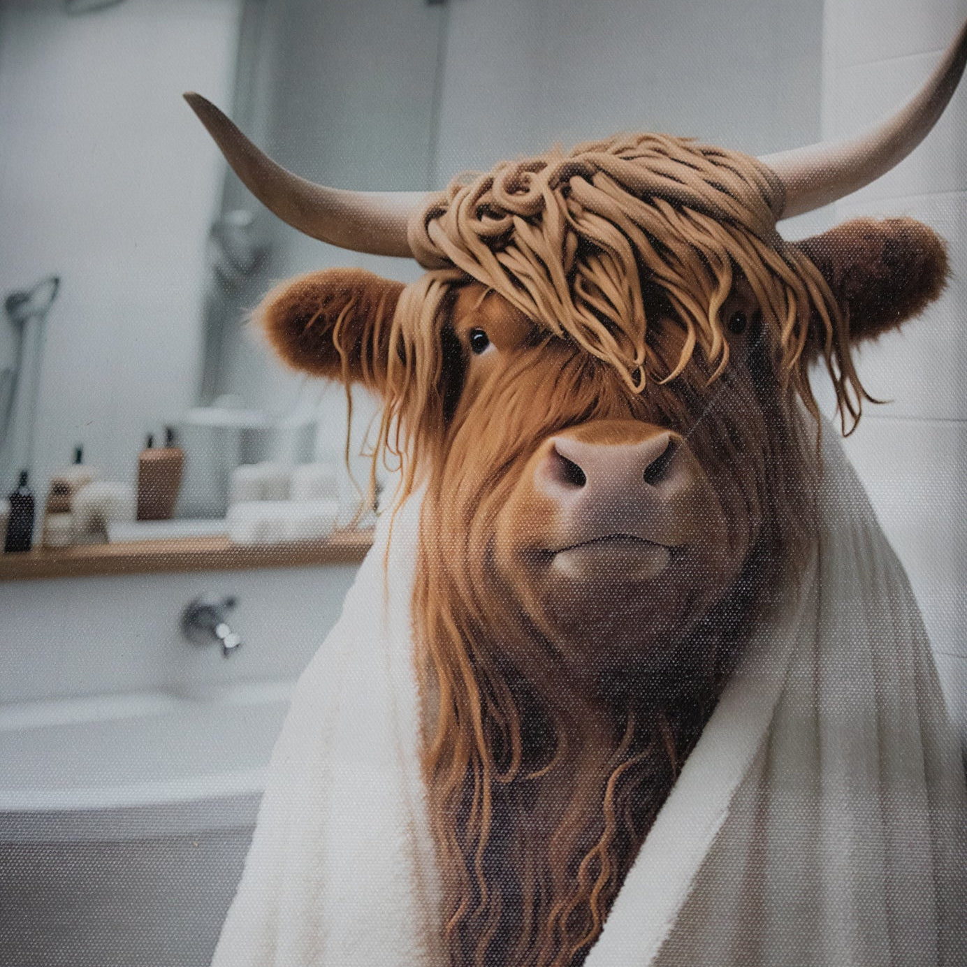 Highland Cow Canvas Wrapped Cozy In A Towel With a Custom Wood Frame