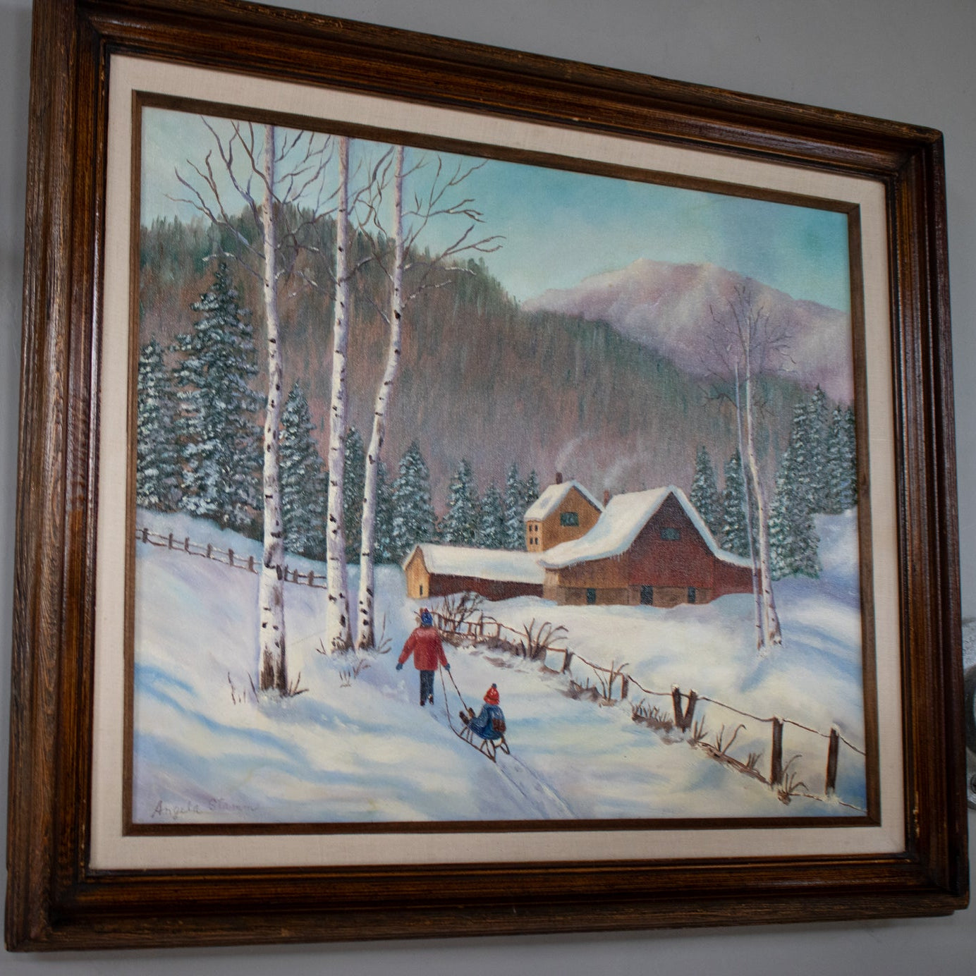Signed Winter Cabin Landscape Framed Artwork by Angela S 21x25 Rustic Wall Art