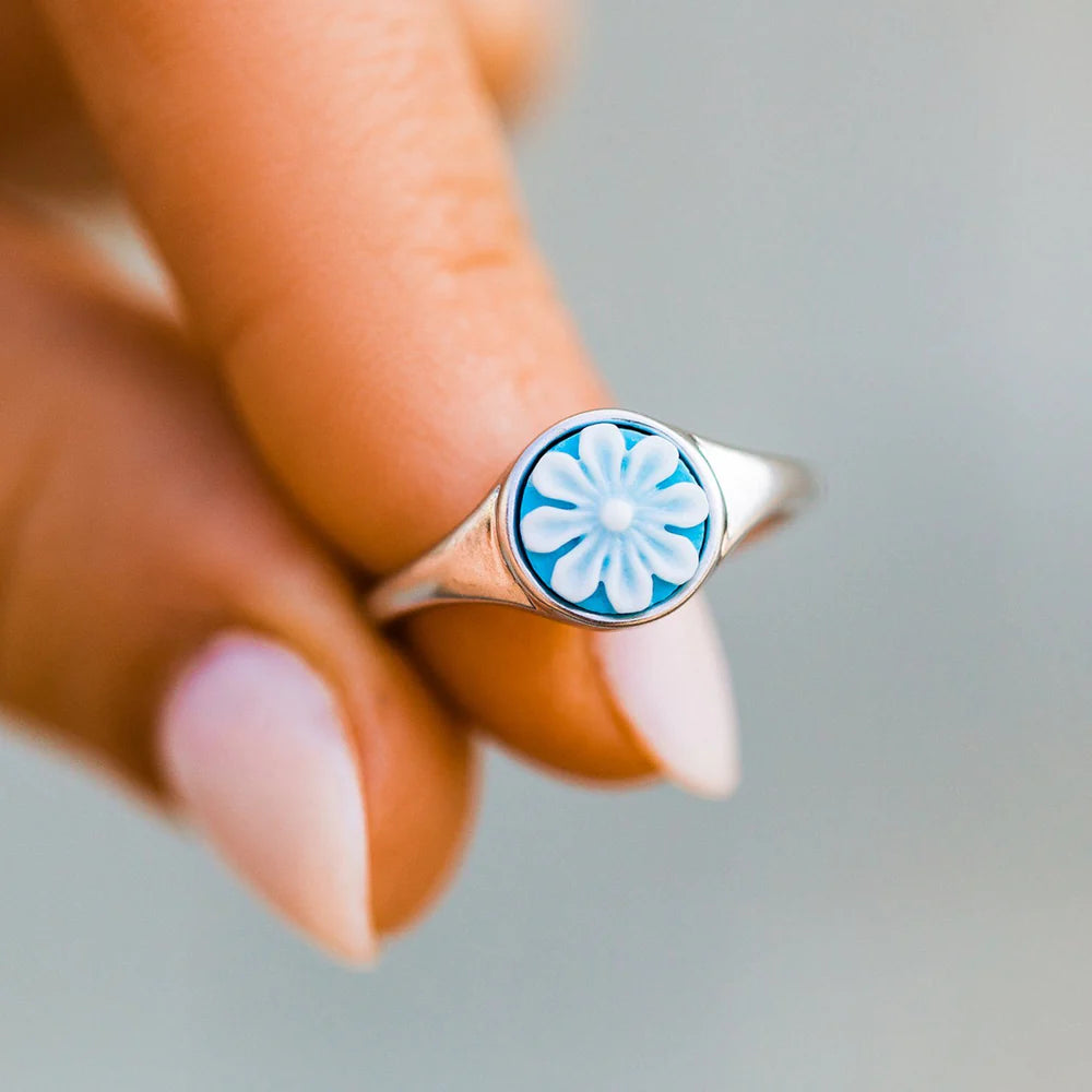 Pura Vida Blue Flower Cameo Ring