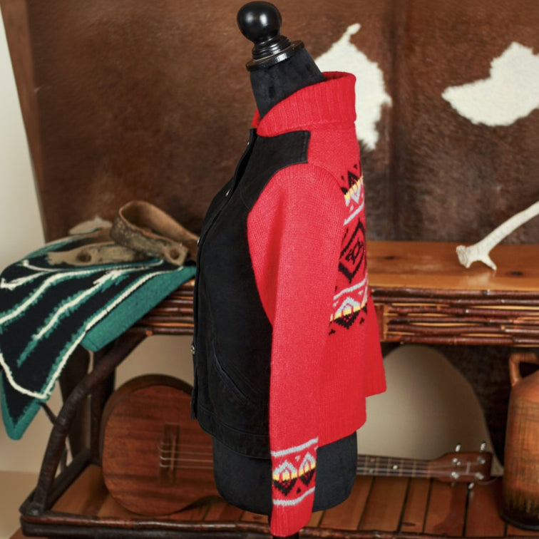 Pendleton Aztec Red Lambswool Knit & Black Suede Snap Front Jacket