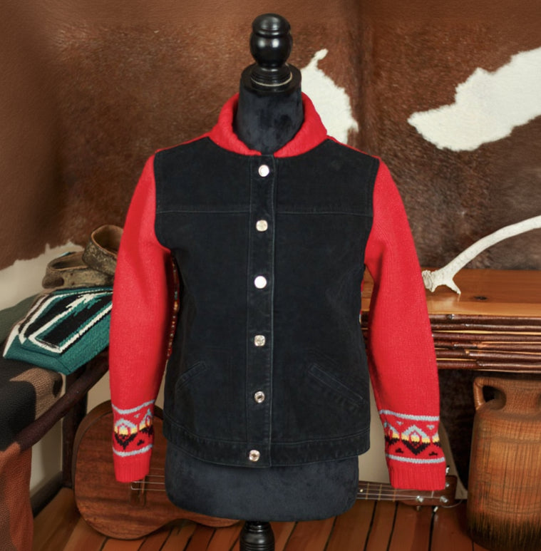 Pendleton Aztec Red Lambswool Knit & Black Suede Snap Front Jacket