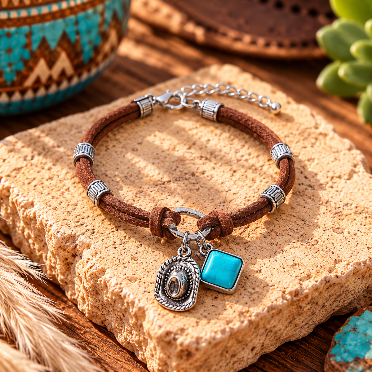 Western Cowgirl Brown Suede Bracelet with Turquoise & Cowboy Hat Charms