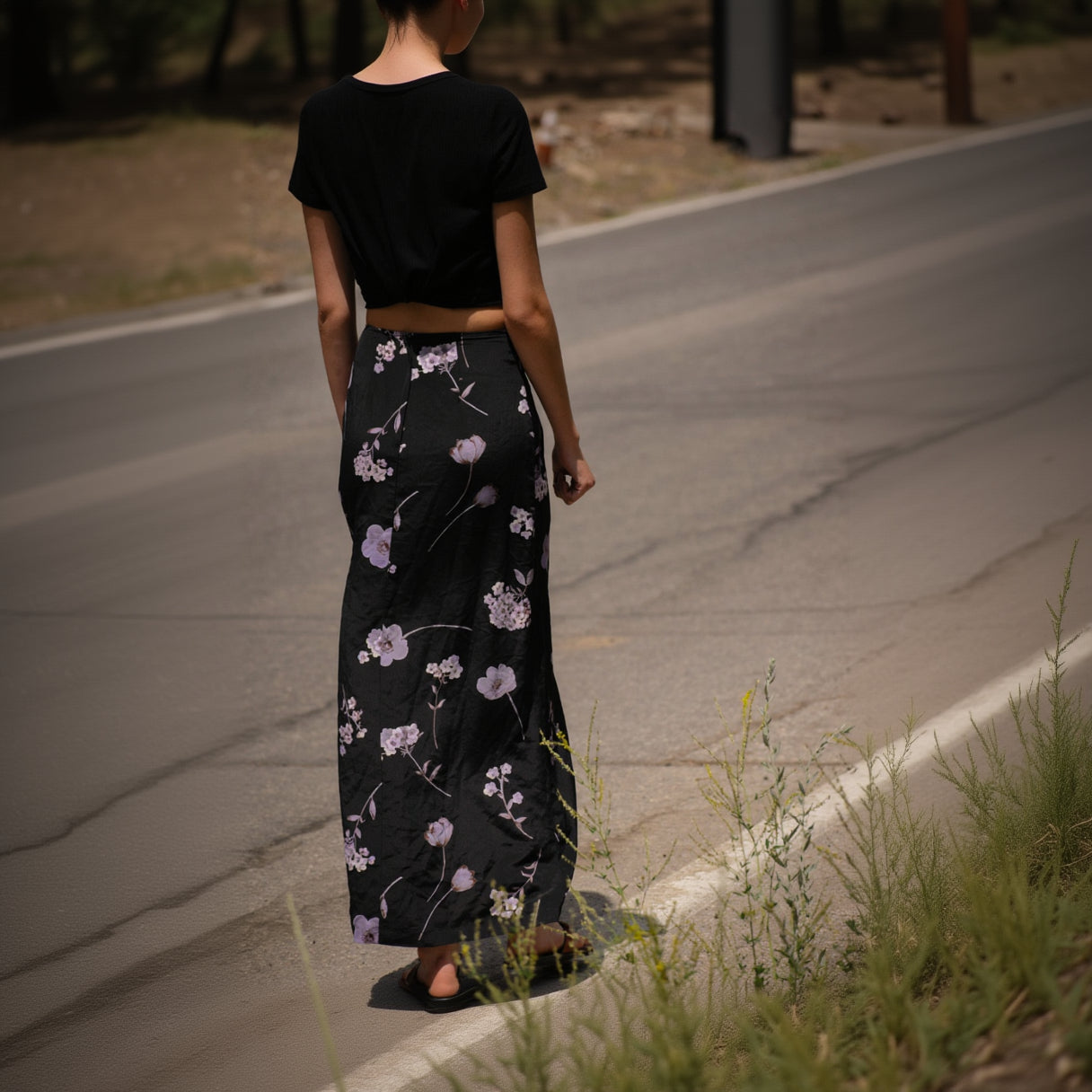 Just for Wraps by Wrappers Black Maxi Skirt with Light Purple Floral Design