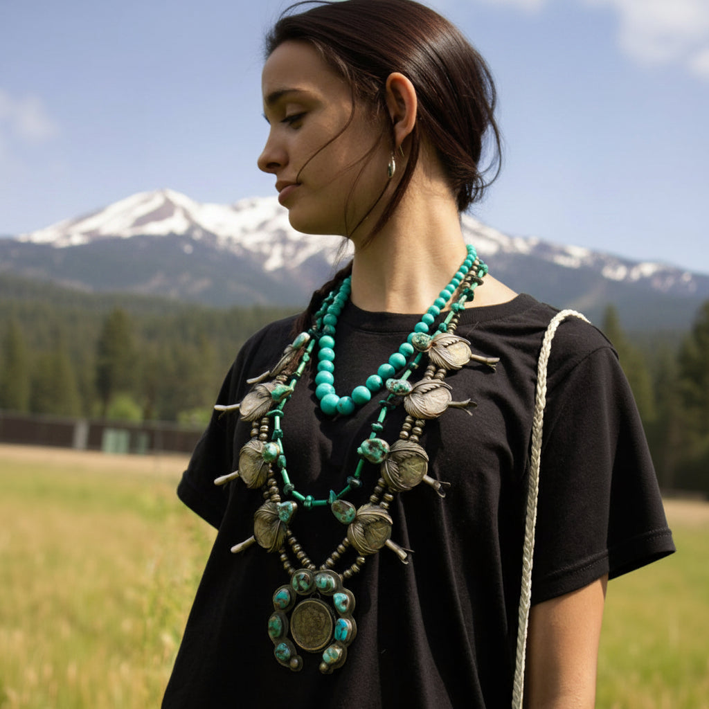 Vintage Native American Navajo Turquoise Sterling Silver Squash Blossom Necklace