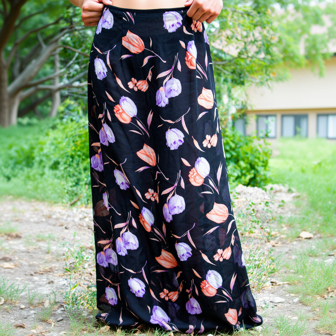 Sheer Black Skirt with Light Orange and Light Purple Floral Design