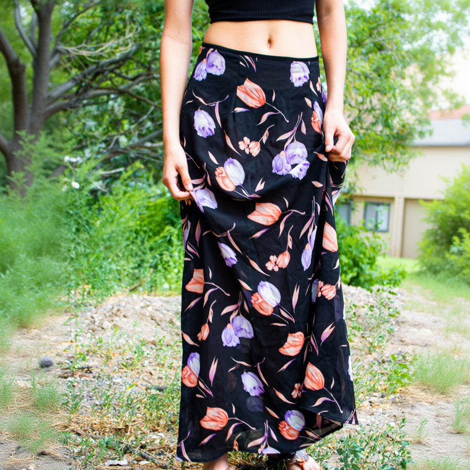 Sheer Black Skirt with Light Orange and Light Purple Floral Design