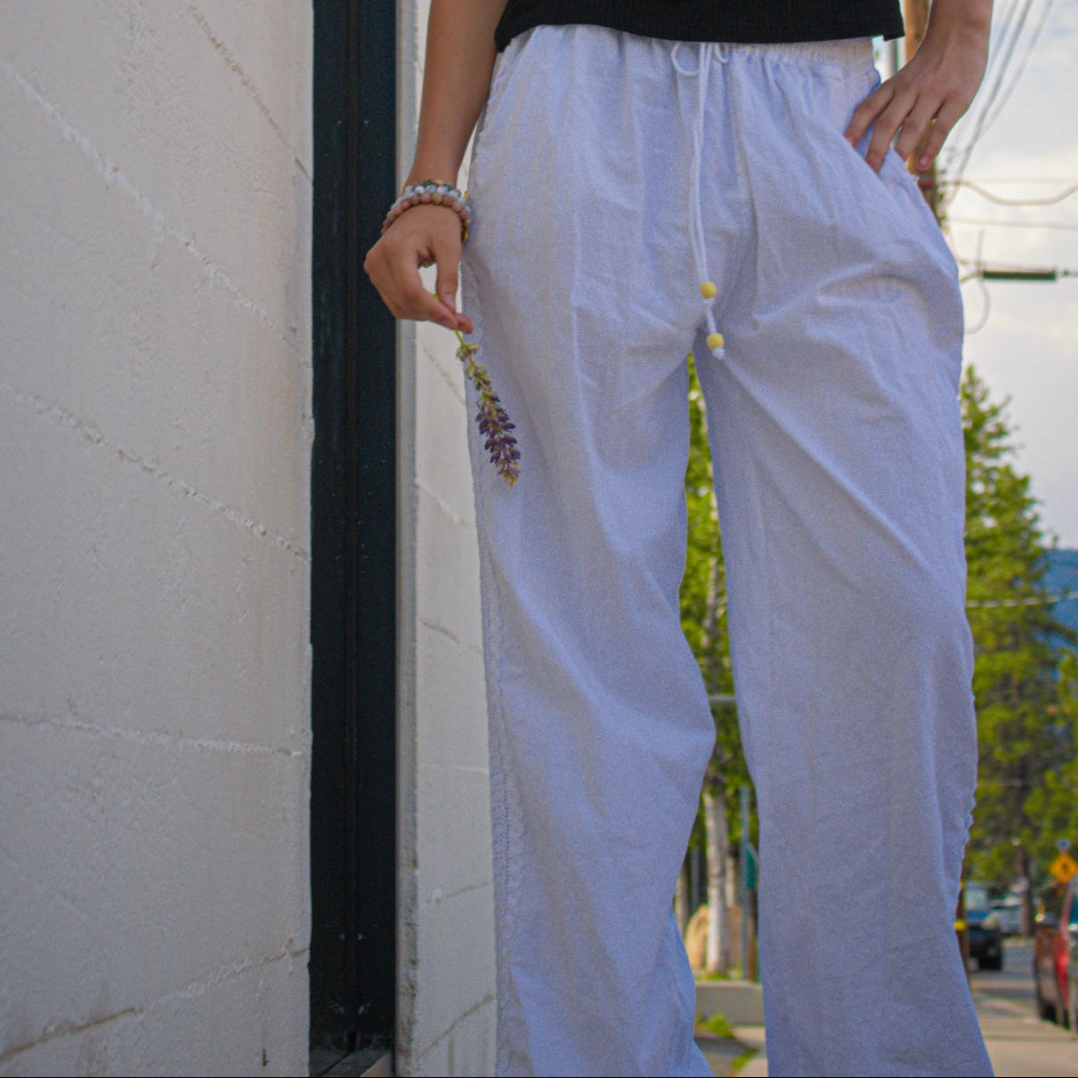 Seaspice Resort Wear 100% Peruvian White Cotton Flowy Pants Adjustable Waist Size Large