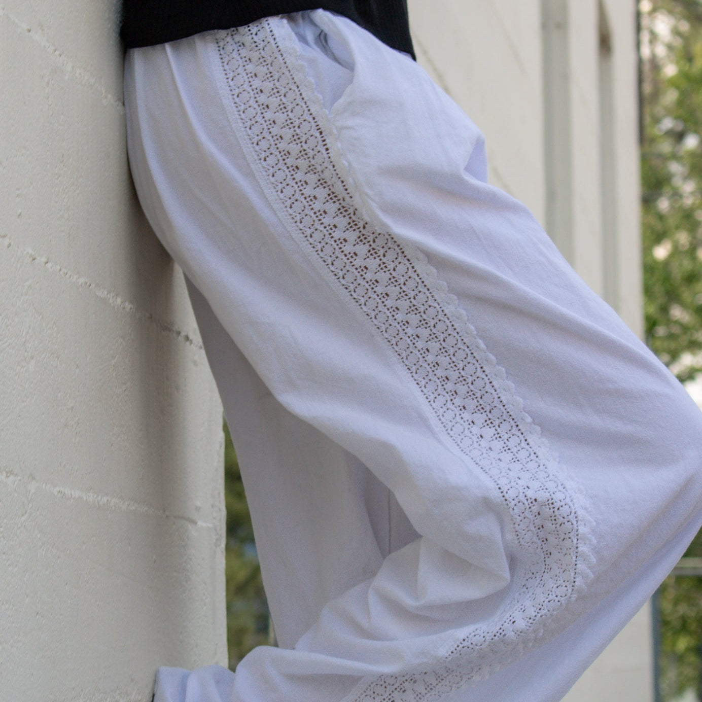 Seaspice Resort Wear 100% Peruvian White Cotton Flowy Pants Adjustable Waist Size Large
