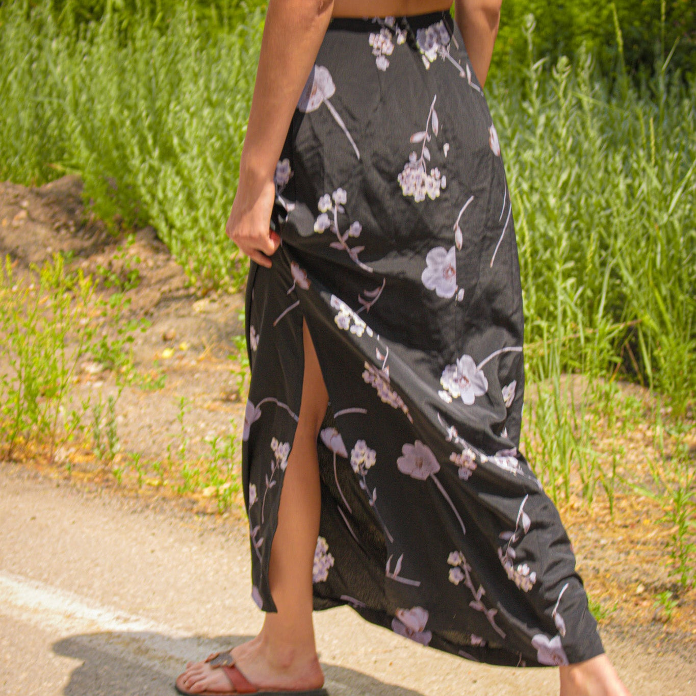 Just for Wraps by Wrappers Black Maxi Skirt with Light Purple Floral Design