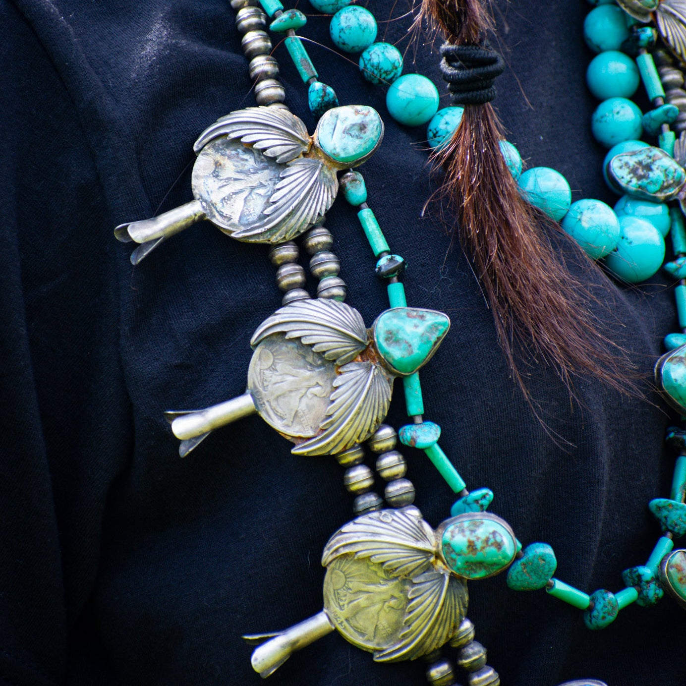 Vintage Native American Navajo Turquoise Sterling Silver Squash Blossom Necklace
