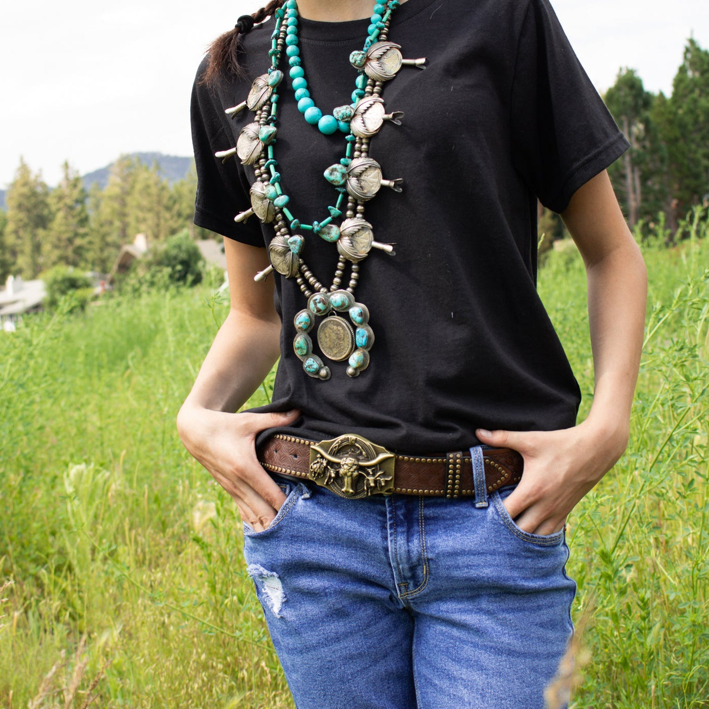 Vintage Native American Navajo Turquoise Sterling Silver Squash Blossom Necklace