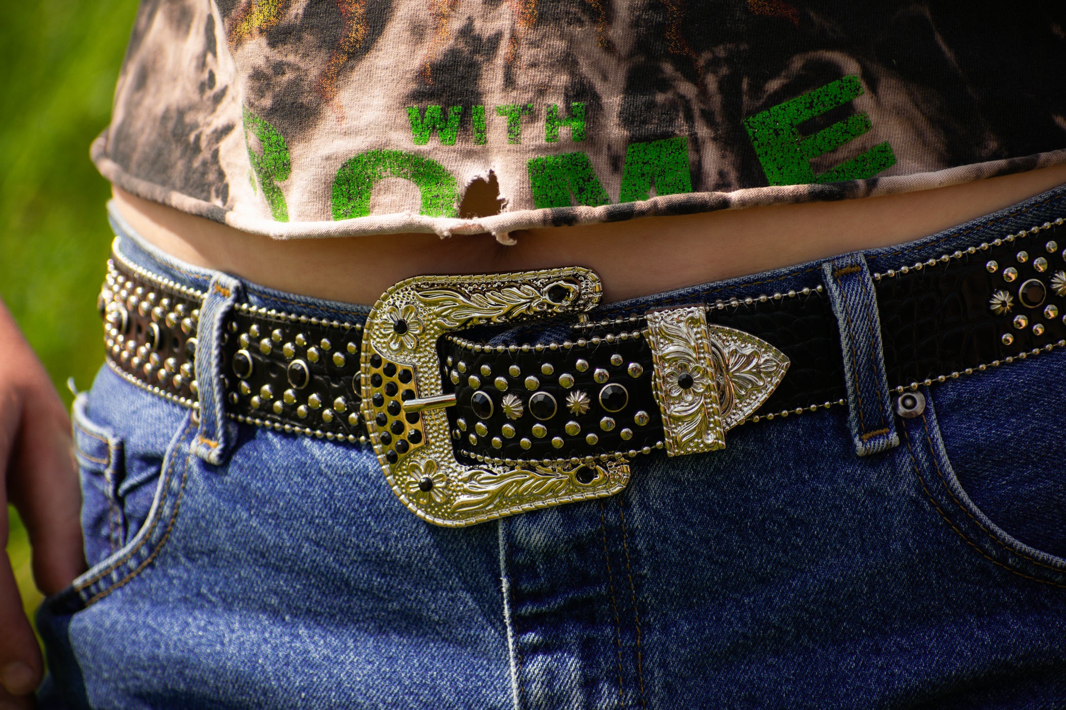Black leather and Rhinestone Belt
