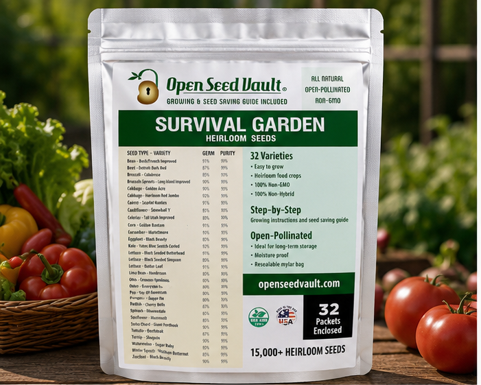 Open Seed Vault Survival Garden heirloom seed collection featuring over 15,000 non-GMO seeds across 32 vegetable, fruit, and herb varieties packaged in a resealable mylar storage pouch for gardening and emergency preparedness.