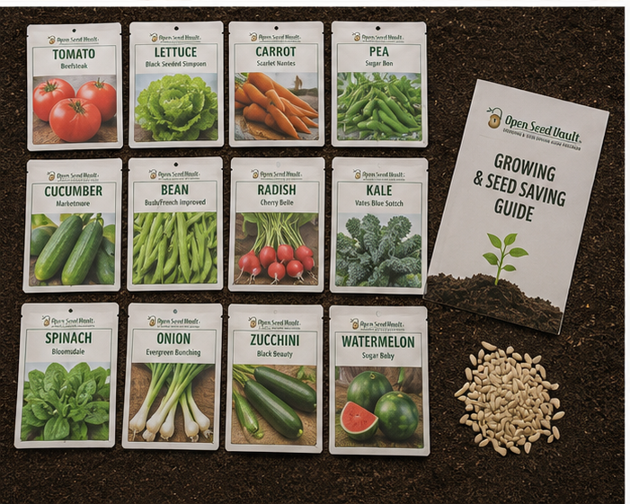 Open Seed Vault Survival Garden heirloom seed collection featuring over 15,000 non-GMO seeds across 32 vegetable, fruit, and herb varieties packaged in a resealable mylar storage pouch for gardening and emergency preparedness.