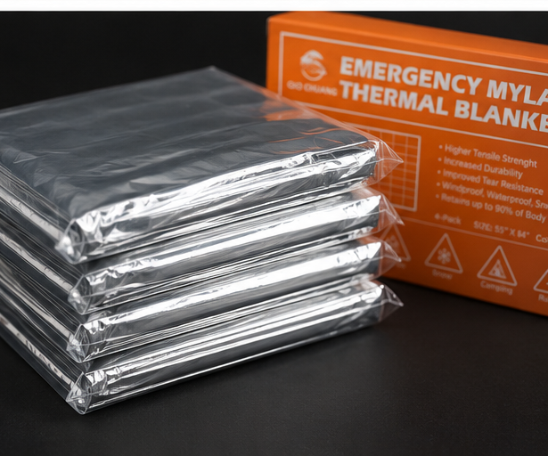 Emergency Mylar thermal blanket 4-pack in original retail packaging, featuring reflective silver survival blankets designed for camping, emergency preparedness, hiking, and outdoor use.