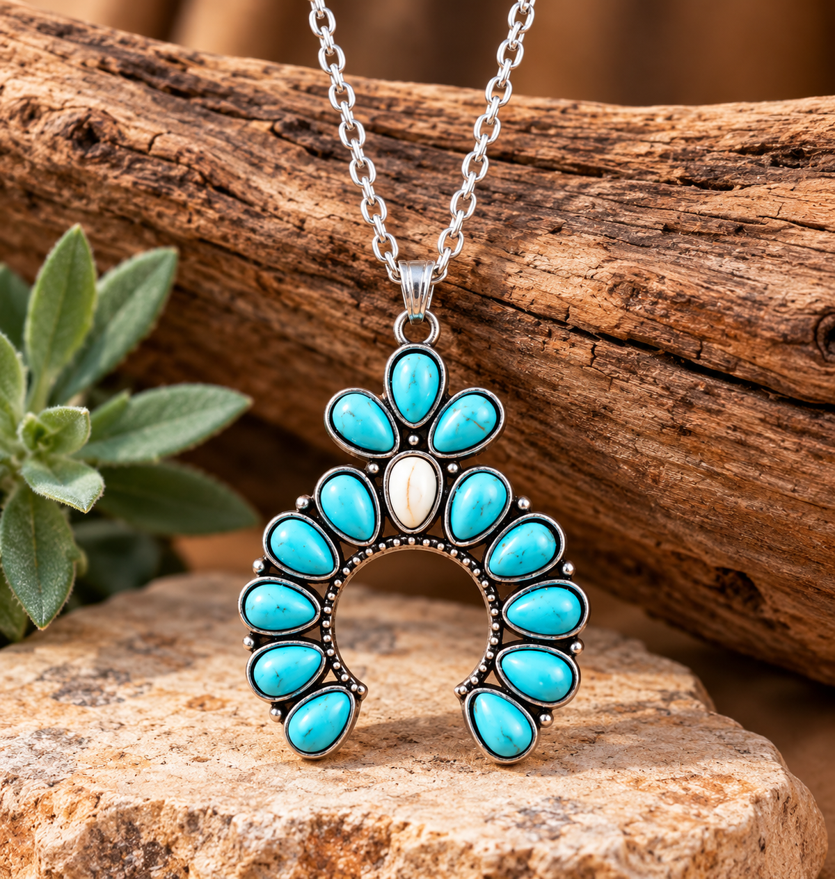 Southwestern Faux Turquoise Squash Blossom Pendant Necklace