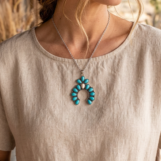 Southwestern Faux Turquoise Squash Blossom Pendant Necklace