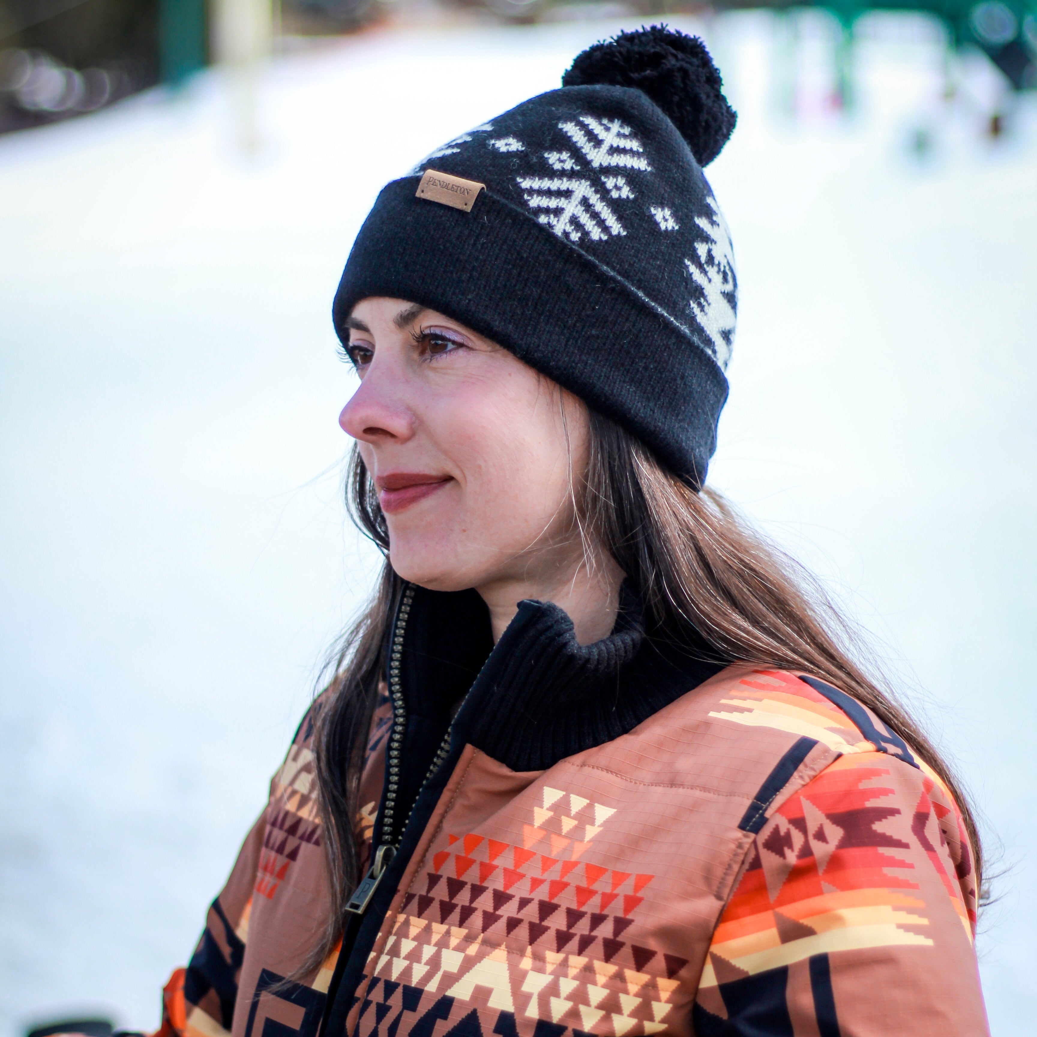 Hat with Pom Pom; Luminaria Black Aztec Design