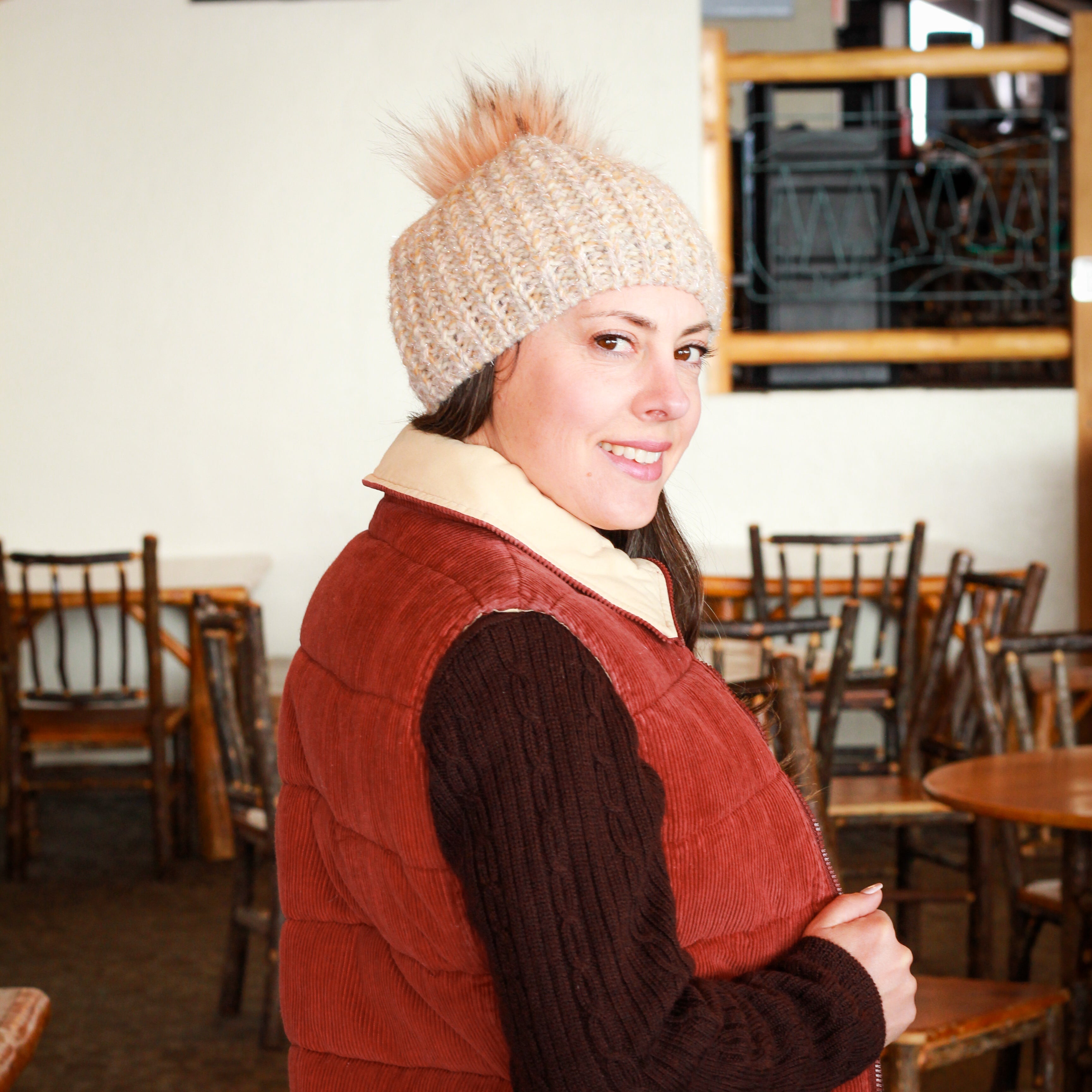 Stit Estro Lurex Melangle Faux Fur Pompom Beanie Color Tan