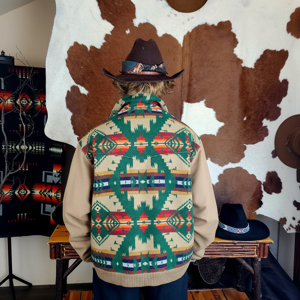 Pendleton Western Jacket XL Wool Blend Aztec Coat Tan Southwestern Zip Up