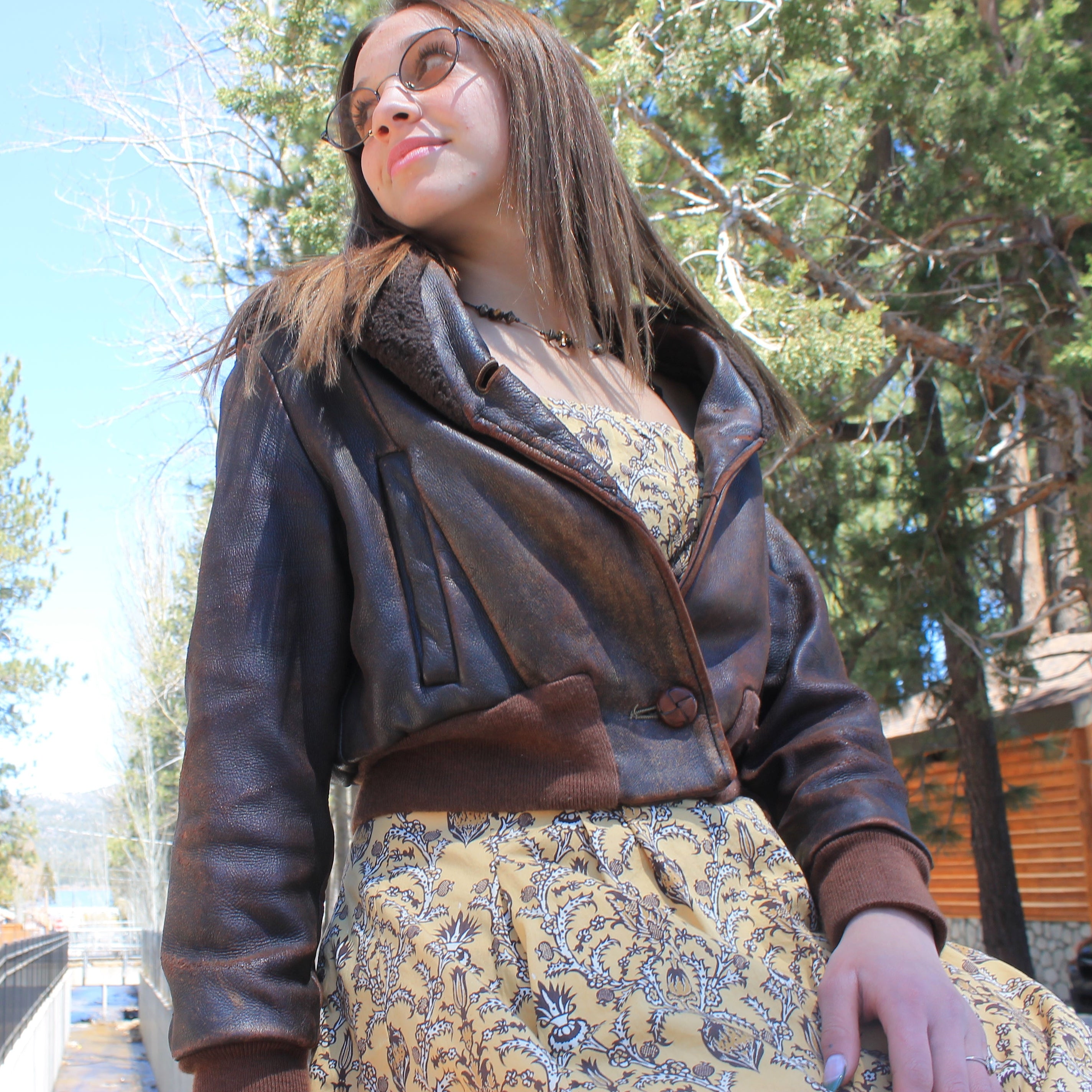 Small Cropped Leather Bomber Jacket Brown Color