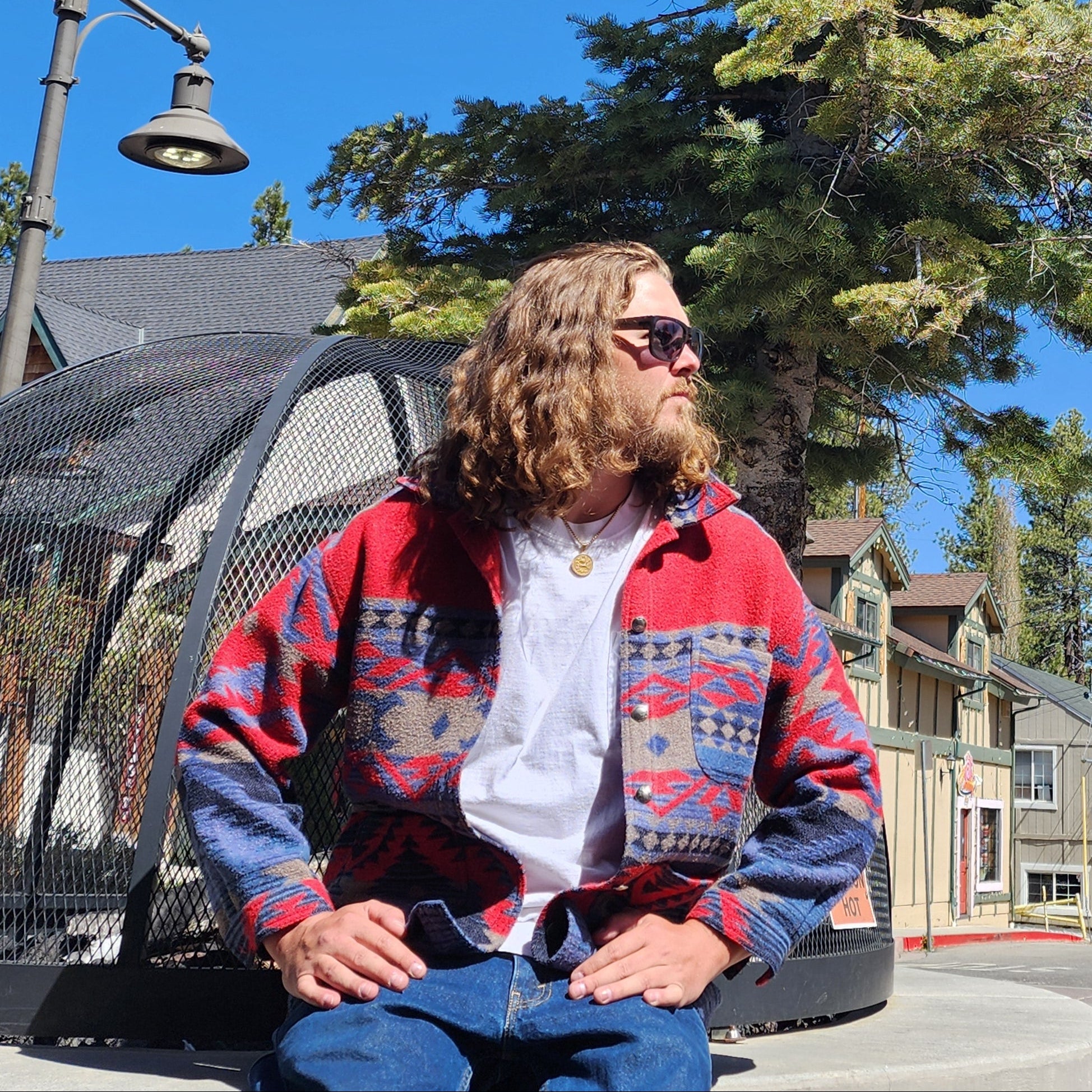 Wool Blanket Jacket Southwest Print Color Grey, Blue, & Red