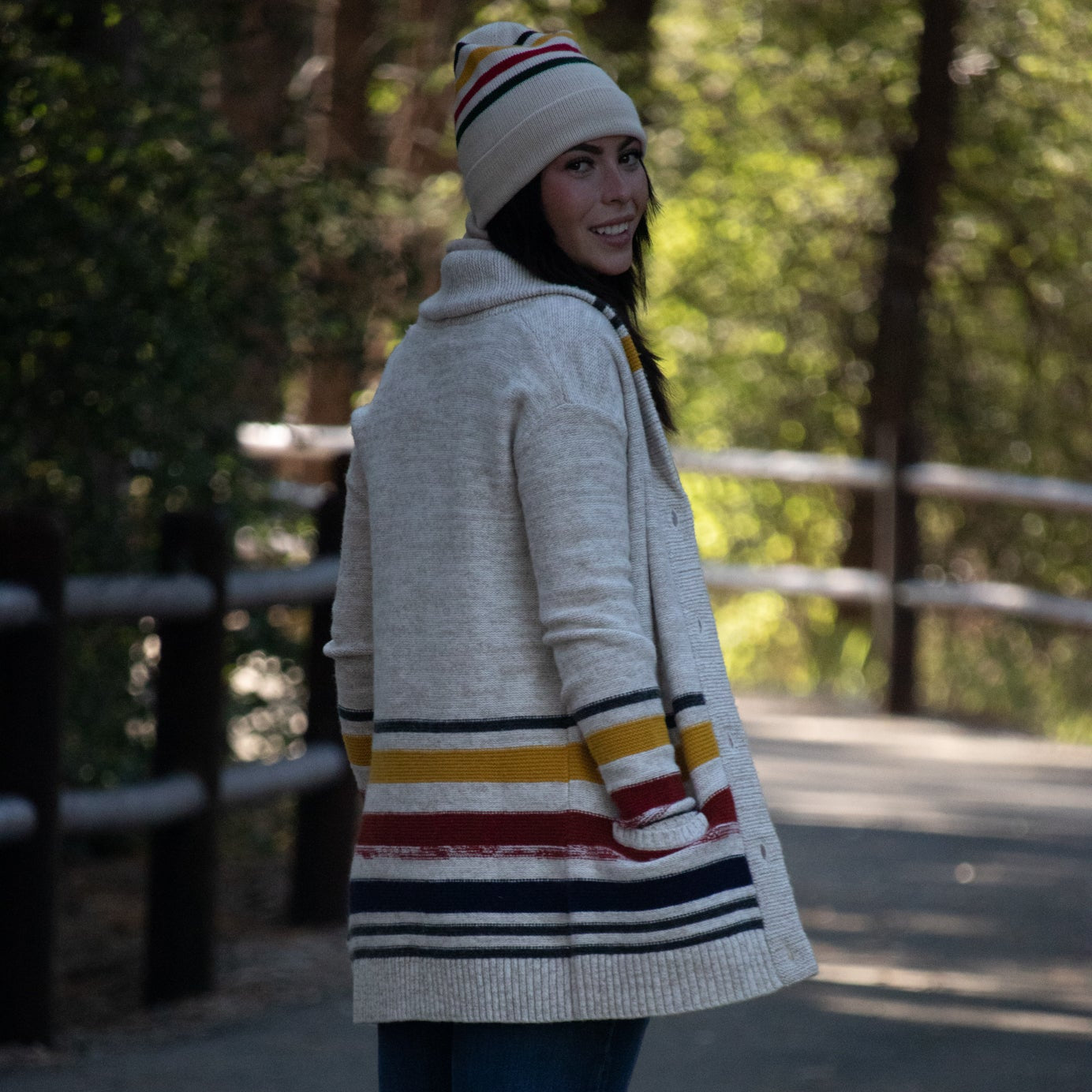 Pendleton Button up Cardigan Sweater Cream colored base with Blue, Yellow and Red strips size: XS