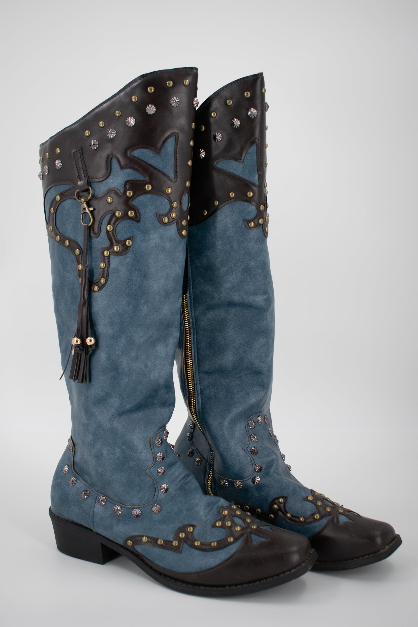 Knee-High Studded Blue/Black Leather Cowboy Boots Size