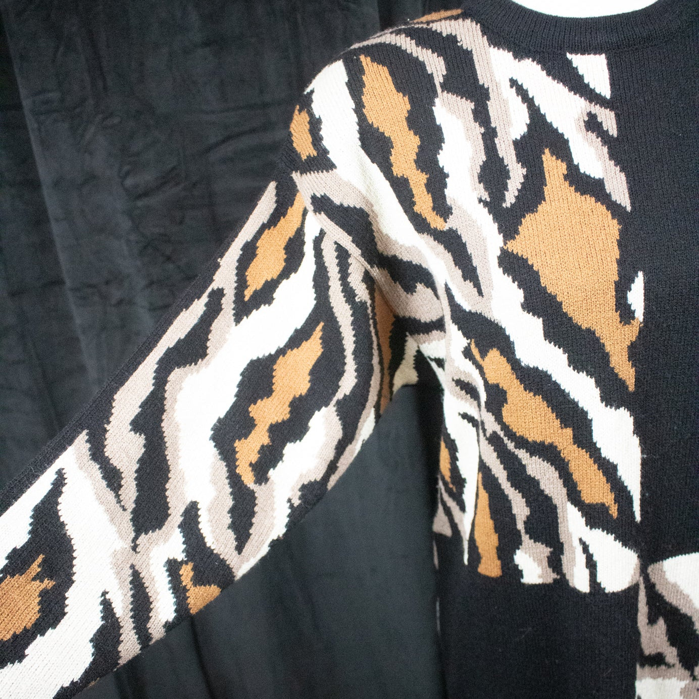 Anne Crimmins For Umi Collections Black/Brown/Tan/White Print Sweater Dress