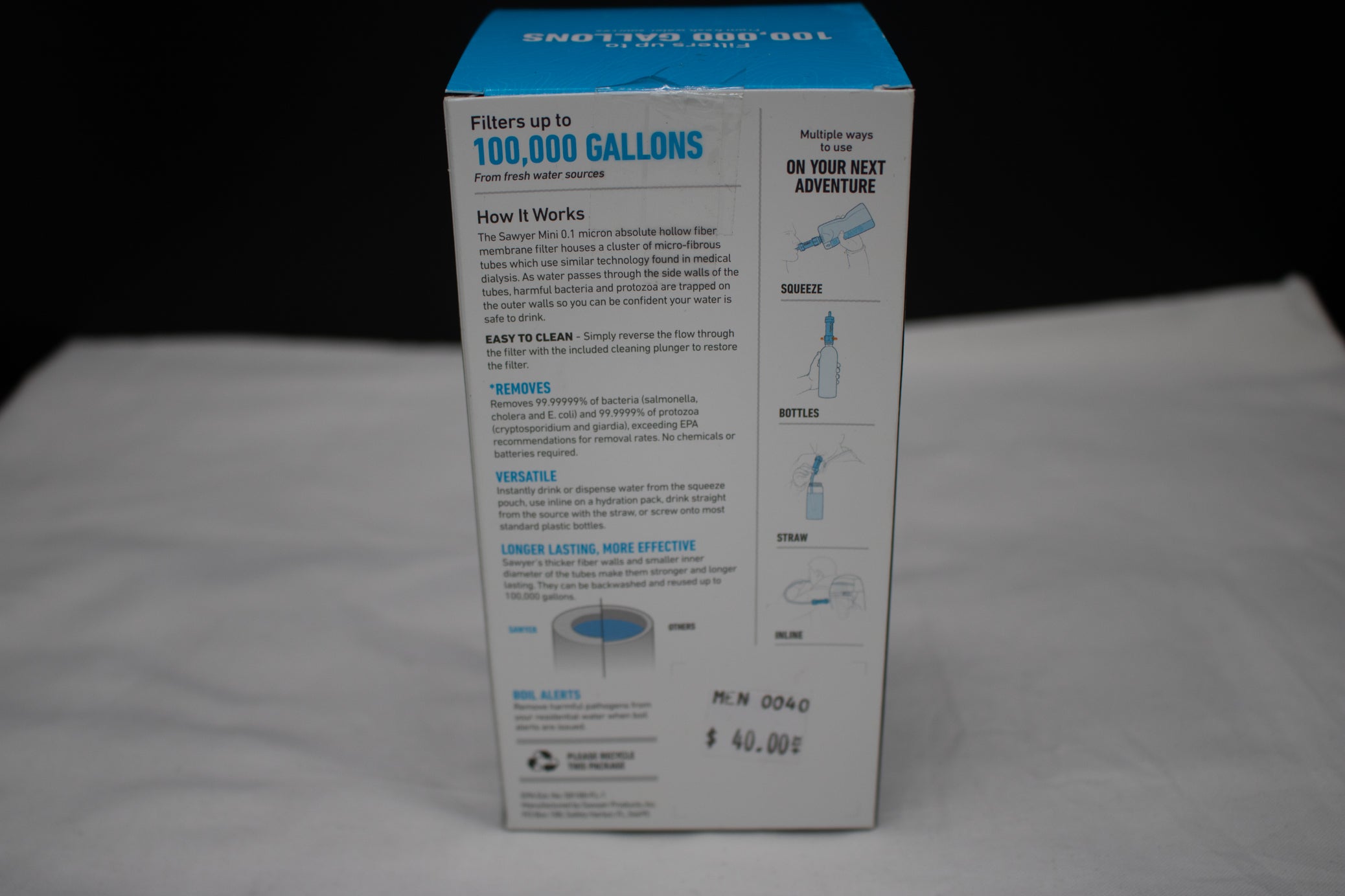 Sawyer MINI Water Filtration System Portable Emergency Survival Filter โ Filters Up to 100,000 Gallons