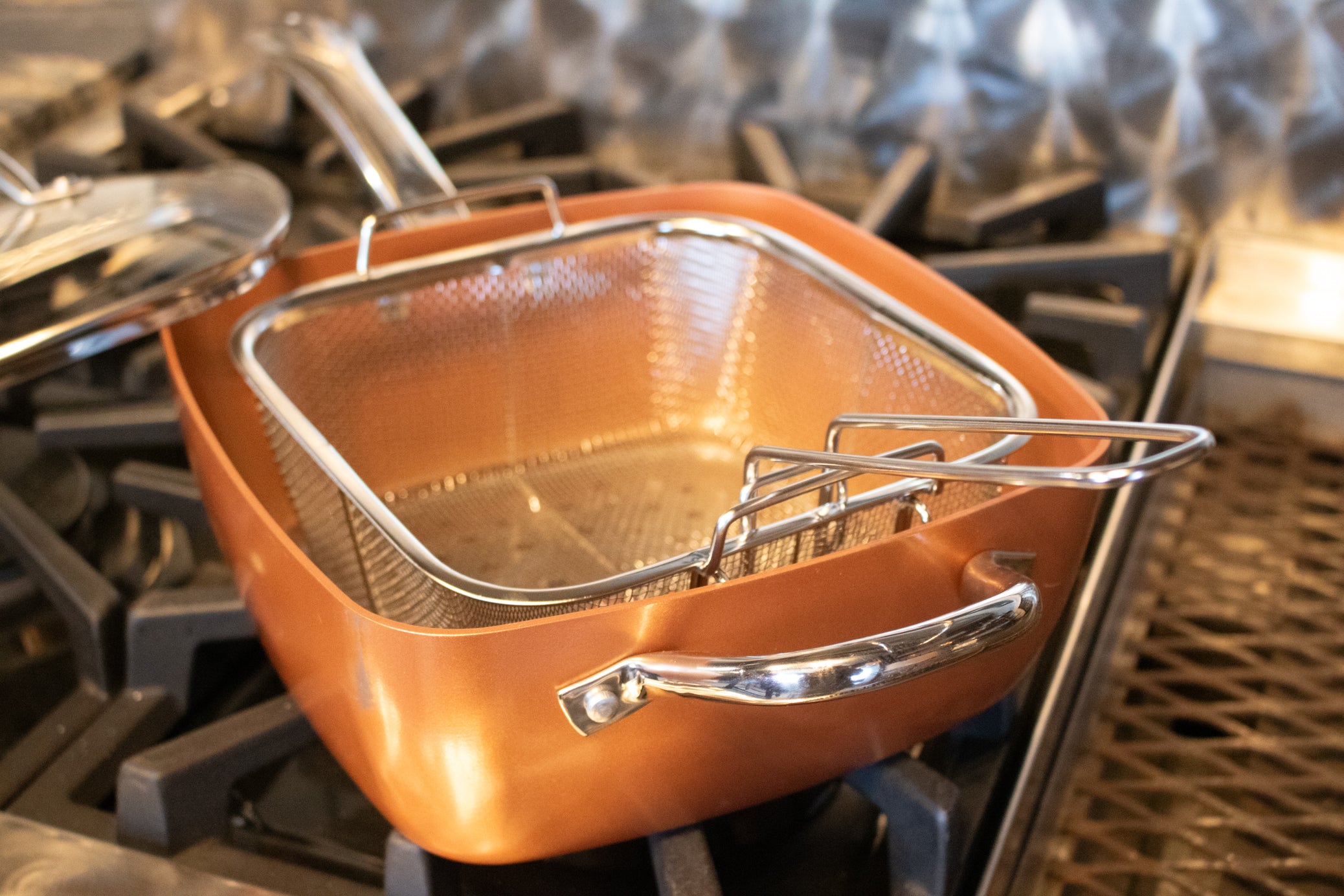 Copper Chef Square Pan with Lid & Deep Fry Basket 9.5" Nonstick Copper Pan