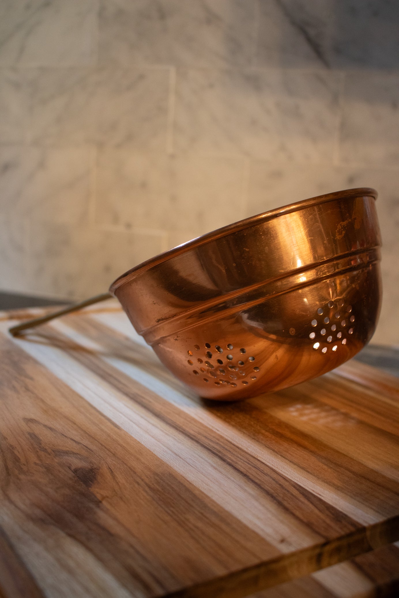 Vintage Solid Copper Water Strainer Colander with Solid Brass Handle 6" Diameter