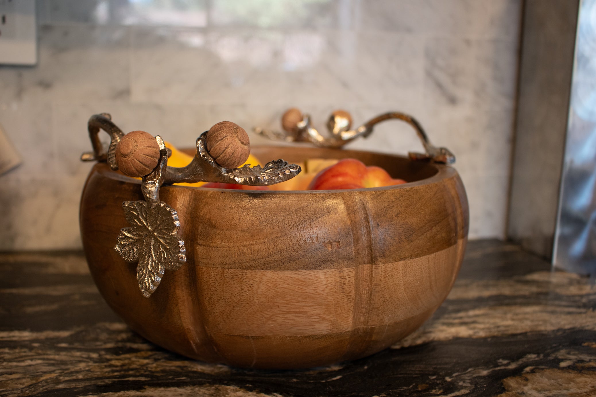 hand crafted wooden pumpkin bowl with silver acorn and oak leaf branch handles rustic harvest collection centerpiece decor