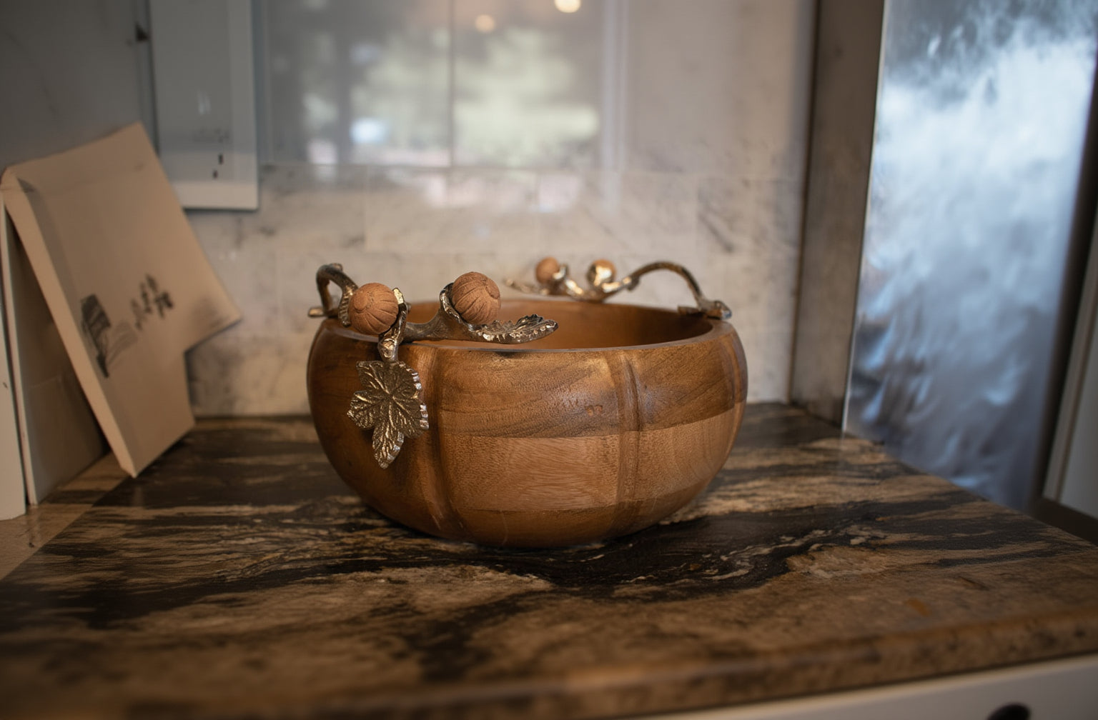 hand crafted wooden pumpkin bowl with silver acorn and oak leaf branch handles rustic harvest collection centerpiece decor