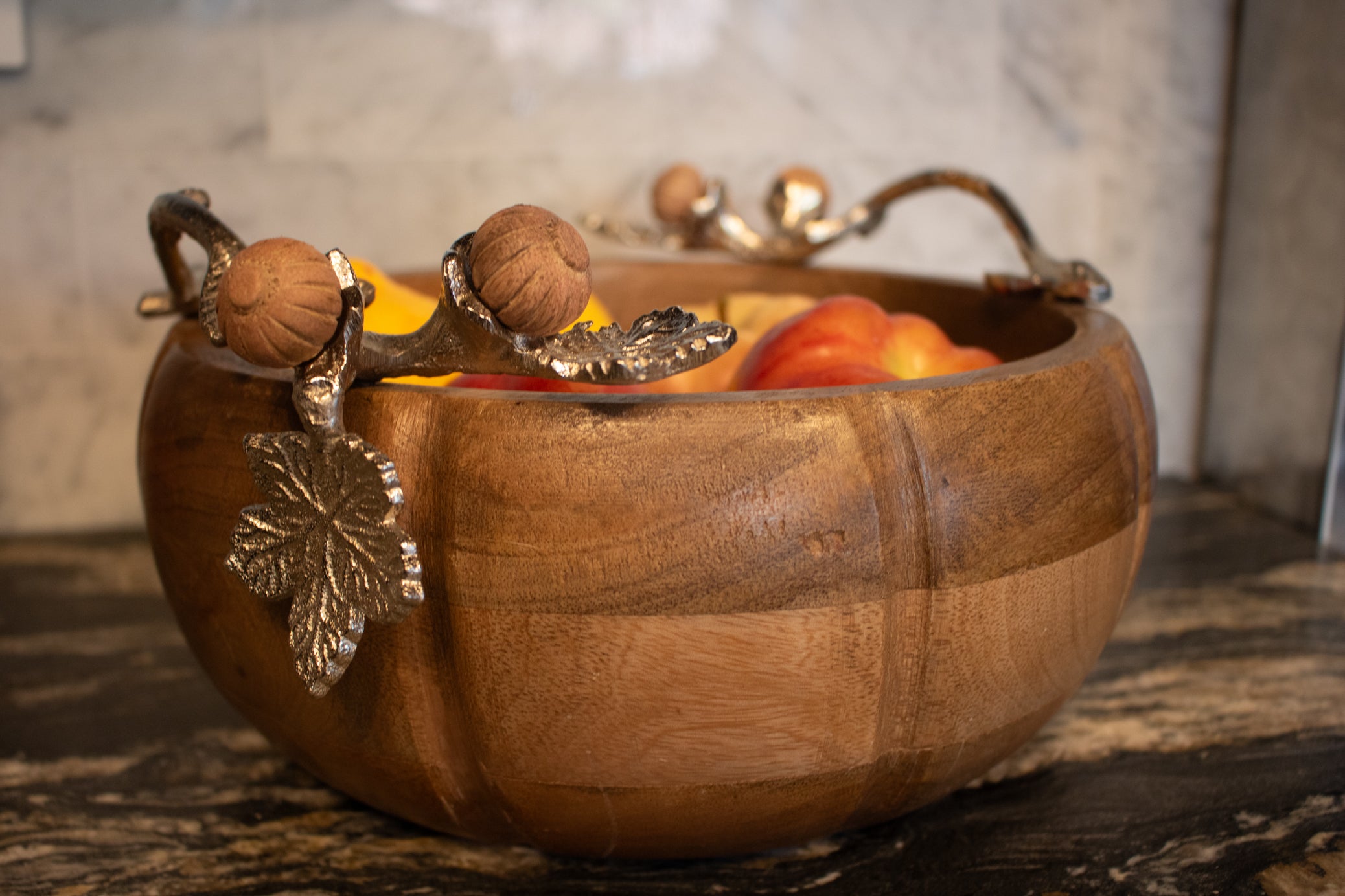 Acorn & Oak Harvest Collection Hand Crafted Wood Pumpkin Bowl with Silver Leaf Handles 10" x 4.5"
