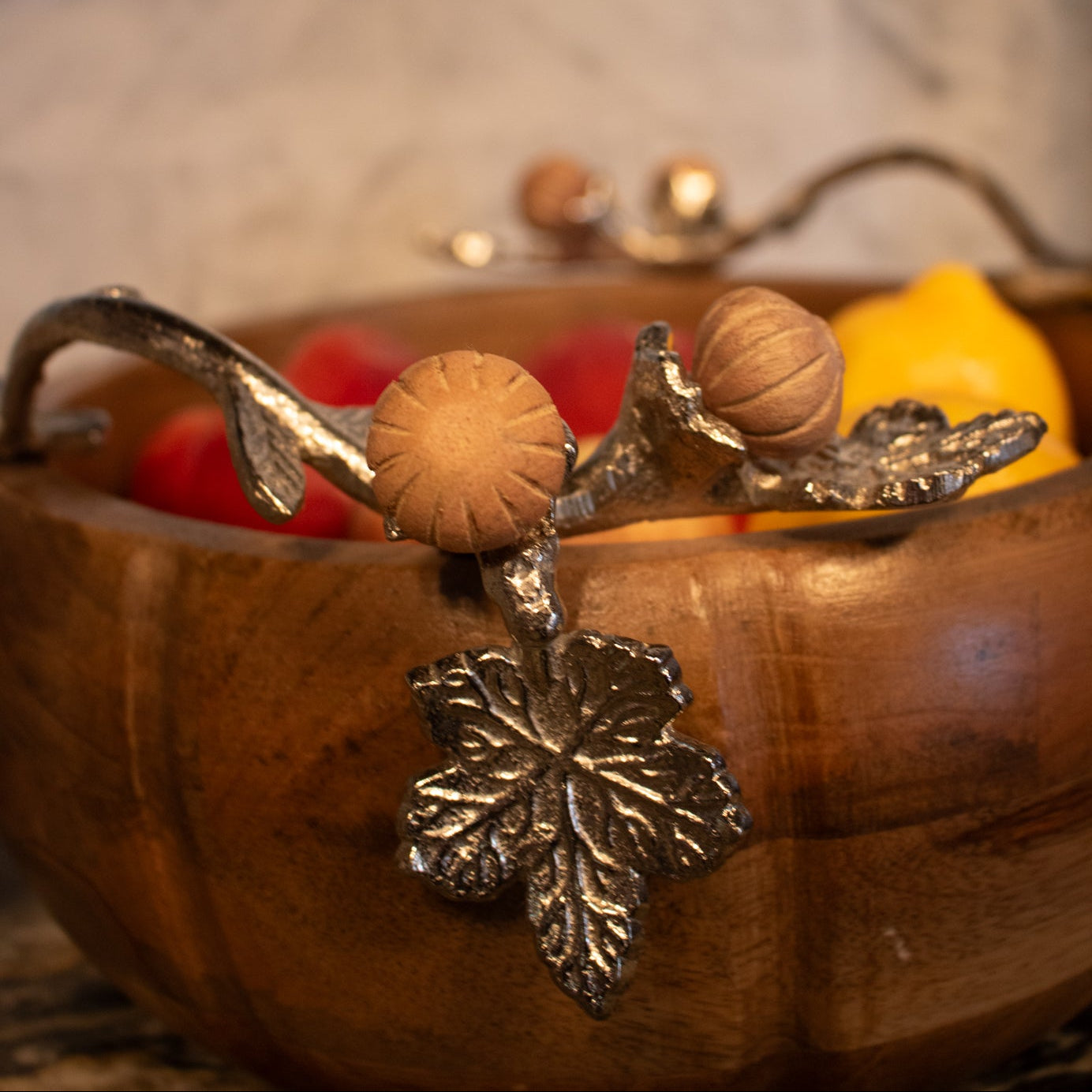 Acorn & Oak Harvest Collection Hand Crafted Wood Pumpkin Bowl with Silver Leaf Handles 10" x 4.5"