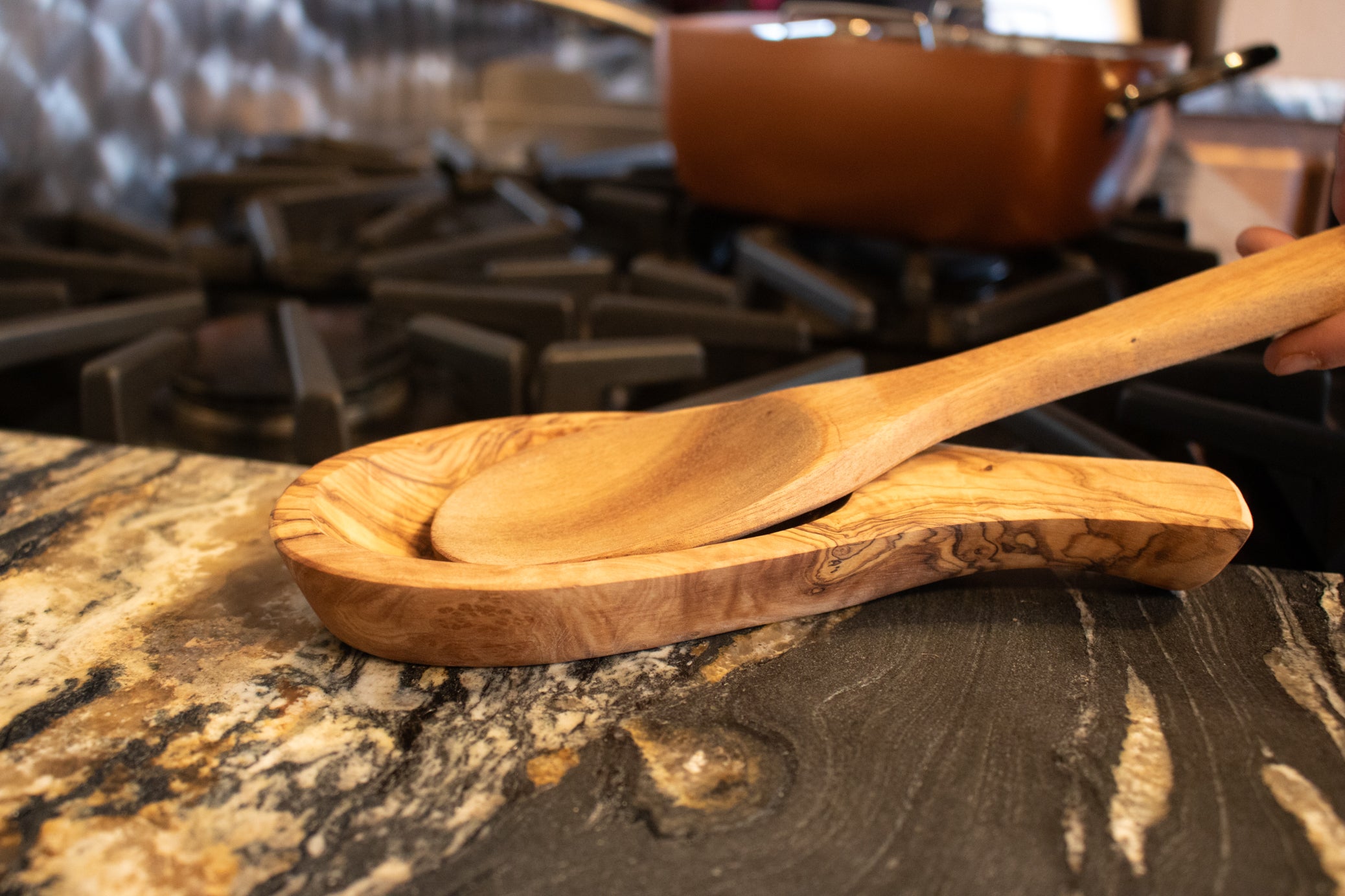 Handcrafted Olive Wood Spoon Rest Rustic Kitchen Utensil Holder 8.5" x 3.5"