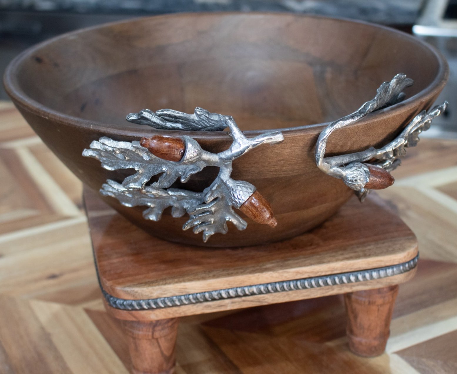 Acorn & Oak Harvest Collection Handcrafted Large Wood Bowl with Silver Leaf Handles 13" x 4.5"