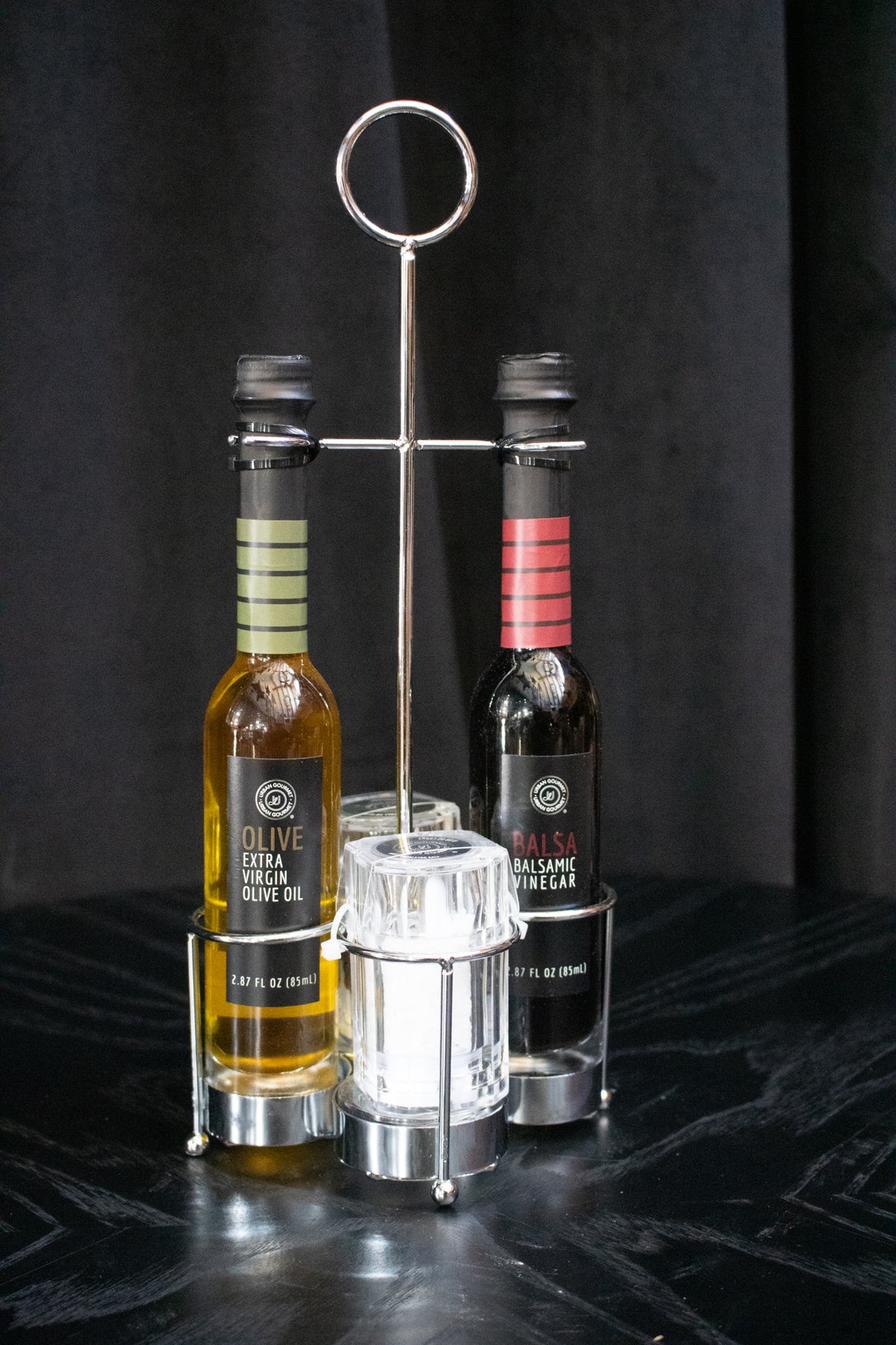 Urban Gourmet Oil, Vinegar, Salt & Pepper Tabletop Set with Chrome Stand