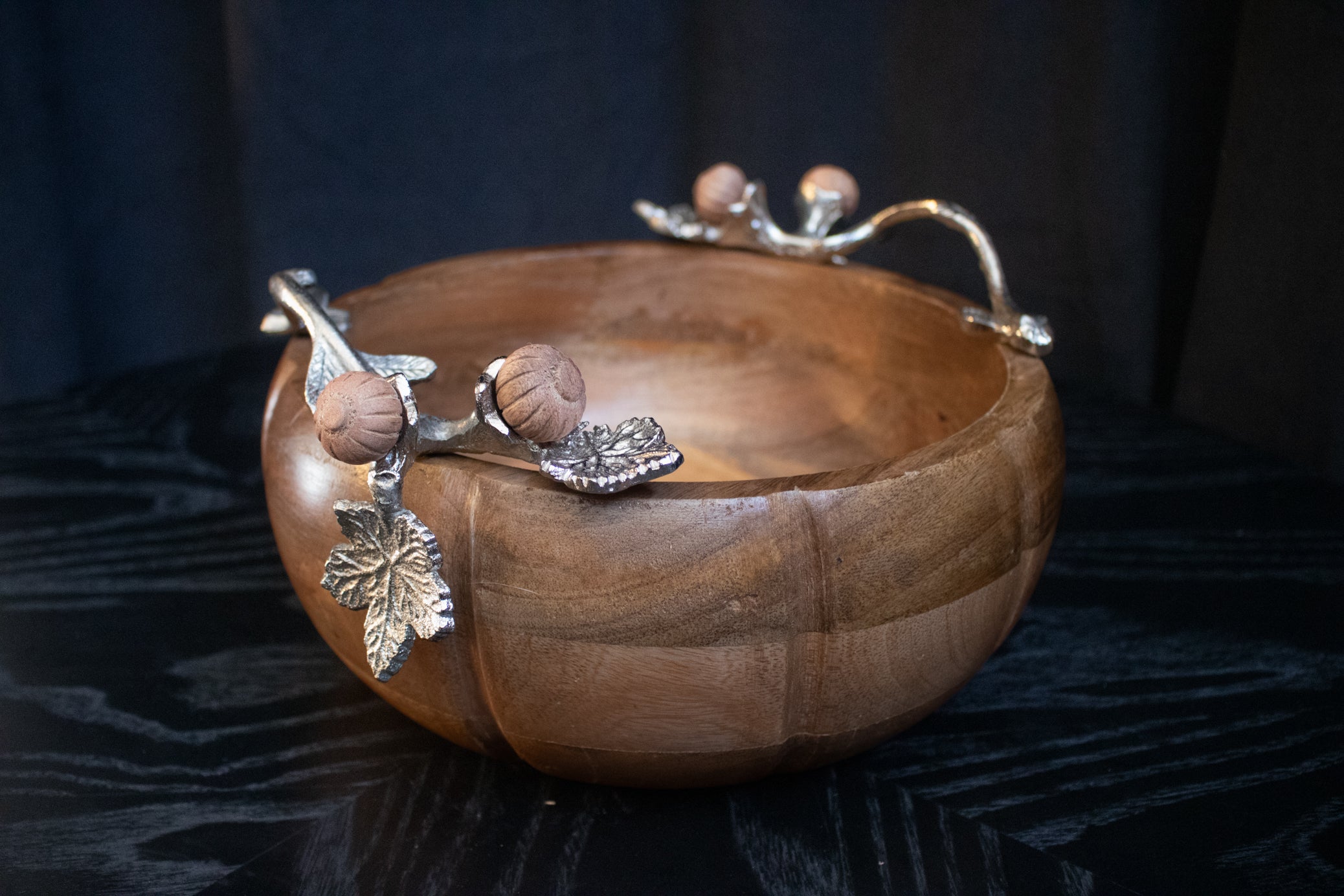 Acorn & Oak Harvest Collection Hand Crafted Wood Pumpkin Bowl with Silver Leaf Handles 10" x 4.5"