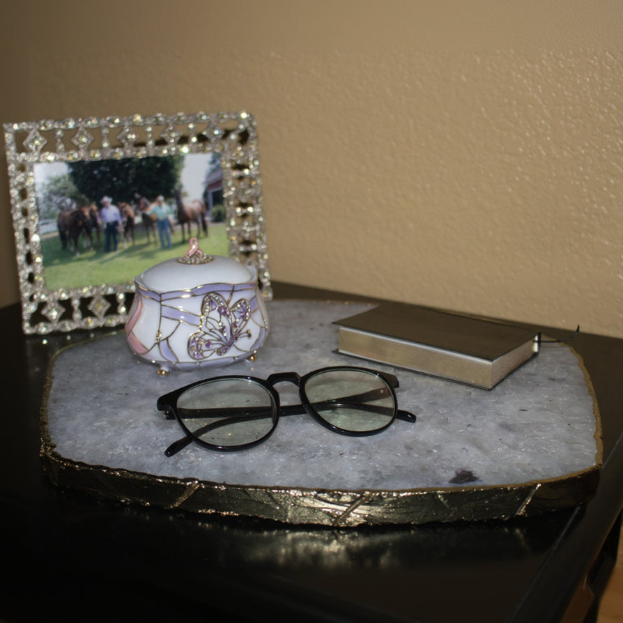 Bright White Agate Stone Tray for Ornamental Display with Gold Rim