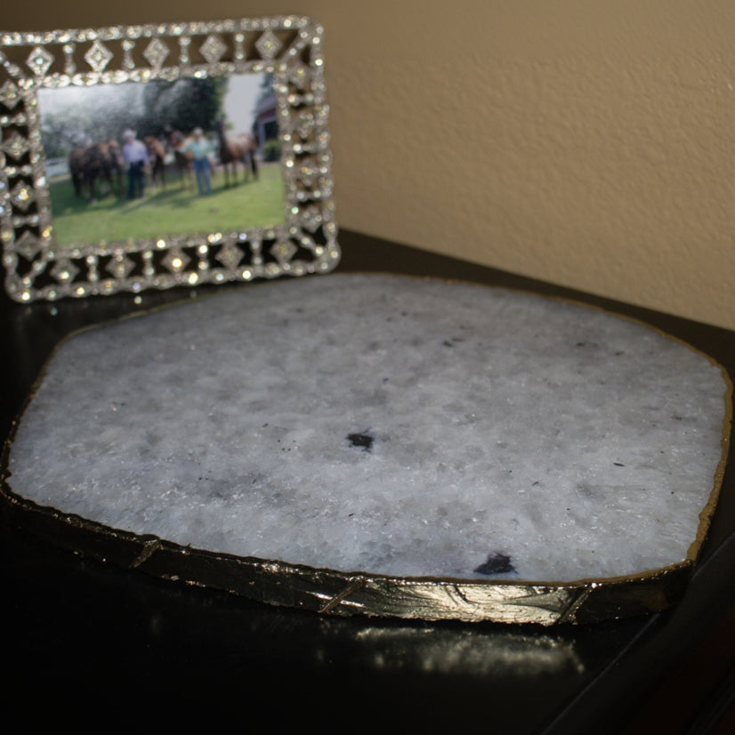 Bright White Agate Stone Tray for Ornamental Display with Gold Rim