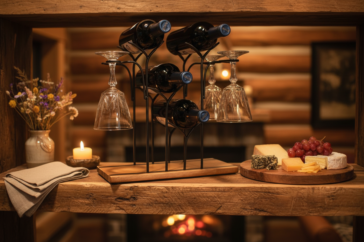 Rustic Wine Bottle & Stemware Holder Rack with Wood Base 13.5" x 6.5"