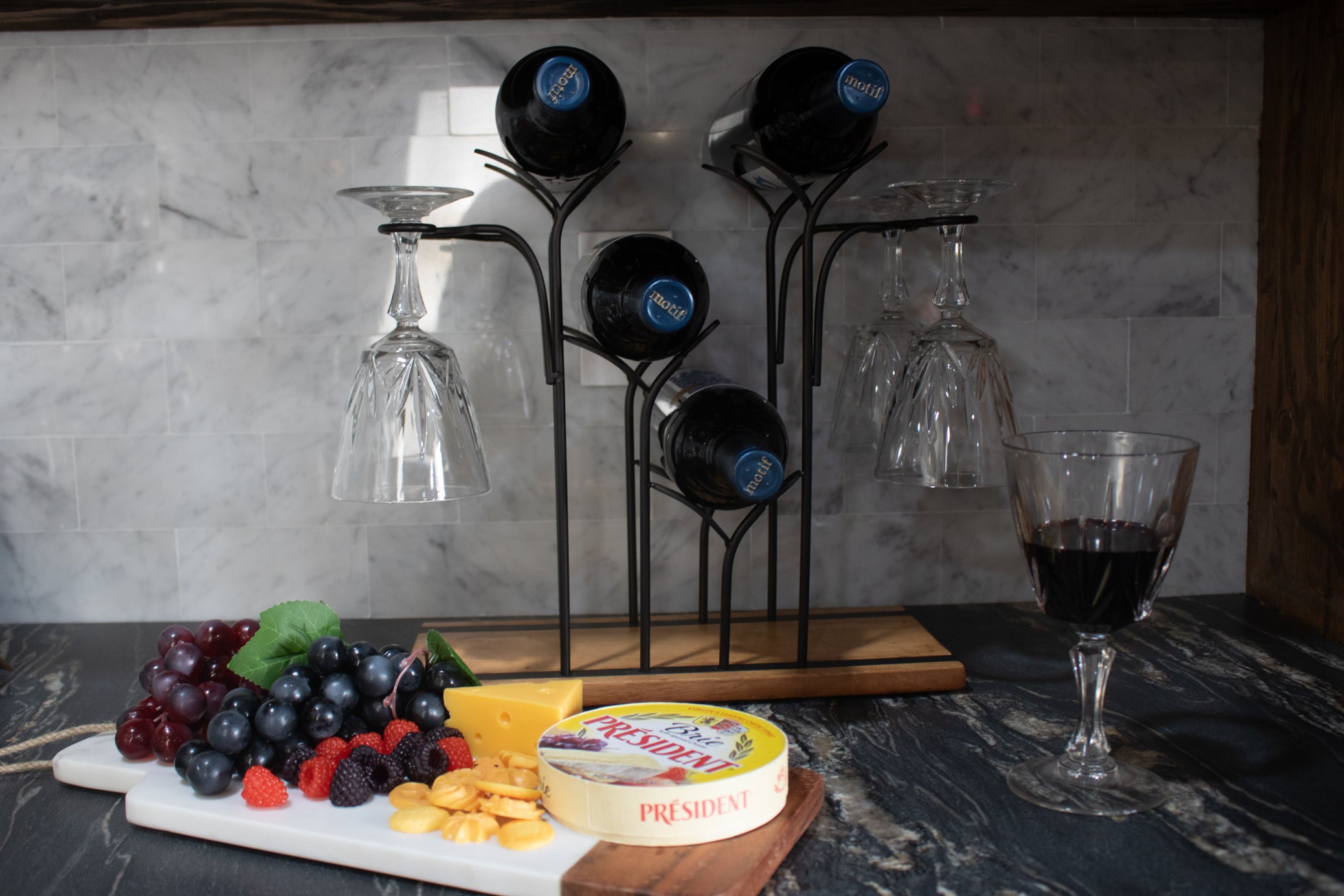 Rustic Wine Bottle & Stemware Holder Rack with Wood Base 13.5" x 6.5"