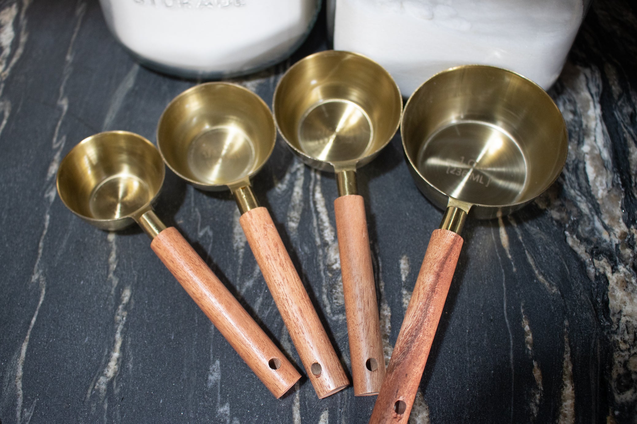 Brass Measuring Cups with Wooden Handles
